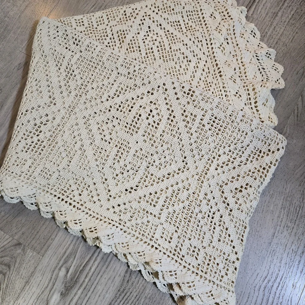 VTG Handmade Crochet Ecru Cotton Bedspread Coverlet‎ Twin XL Bed cover 68x98